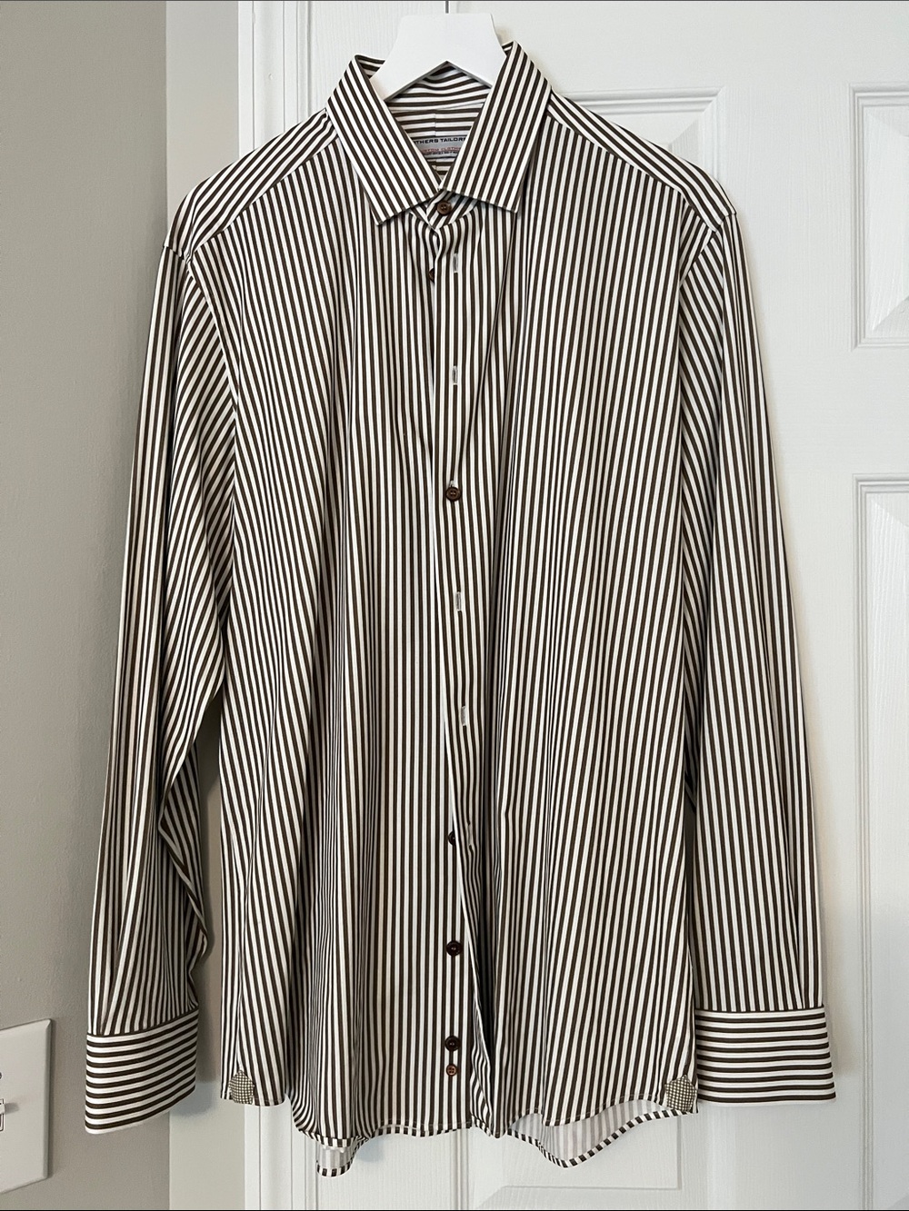 Men's Brown and White Striped Dress Shirt